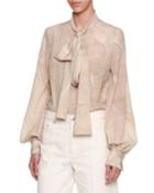 Marble-print Tie-neck Blouse, Gray