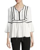 Contrast-trim Crepe Blouse, White/black