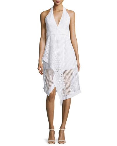 Halter-neck Broderie Ruffle Dress, White