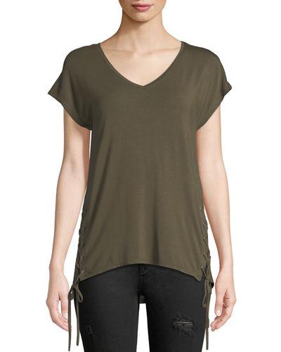 Laced-side Short-sleeve V-neck Tee