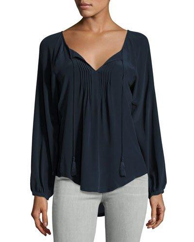 Nua Silk Pleat-front Top, Navy