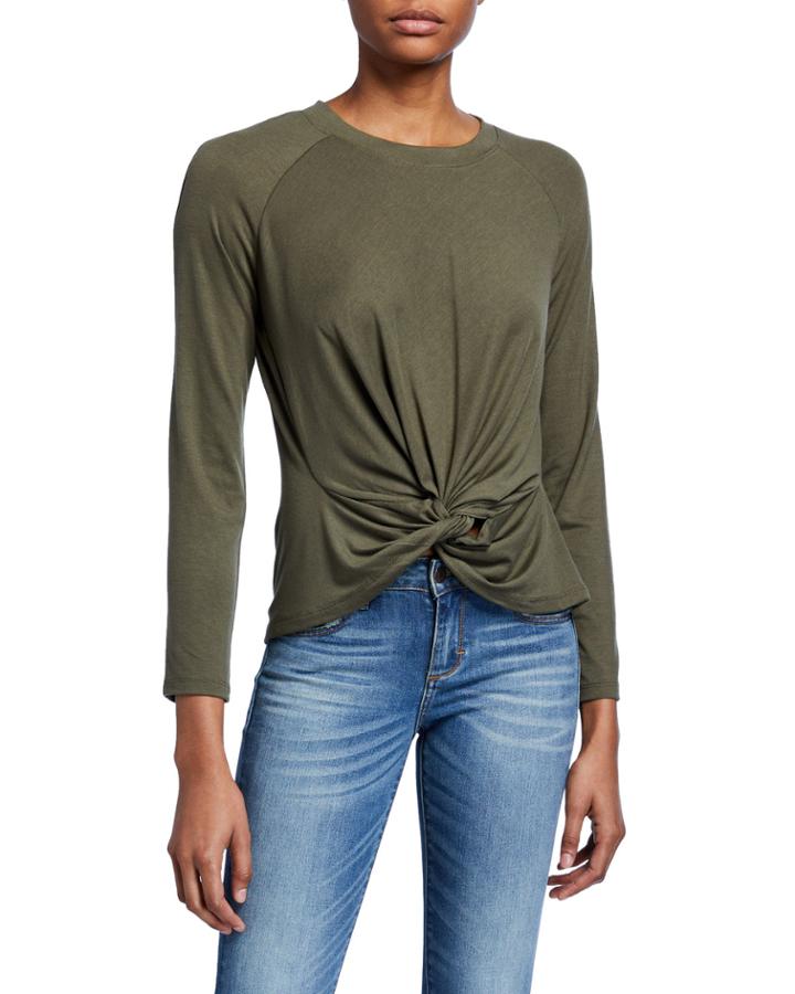Crewneck Long-sleeve Knotted-hem Baseballl T-shirt