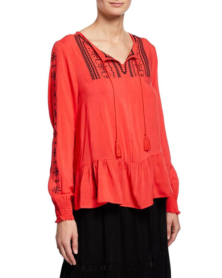 Embroidered Tassel-tie Peplum Hem Top