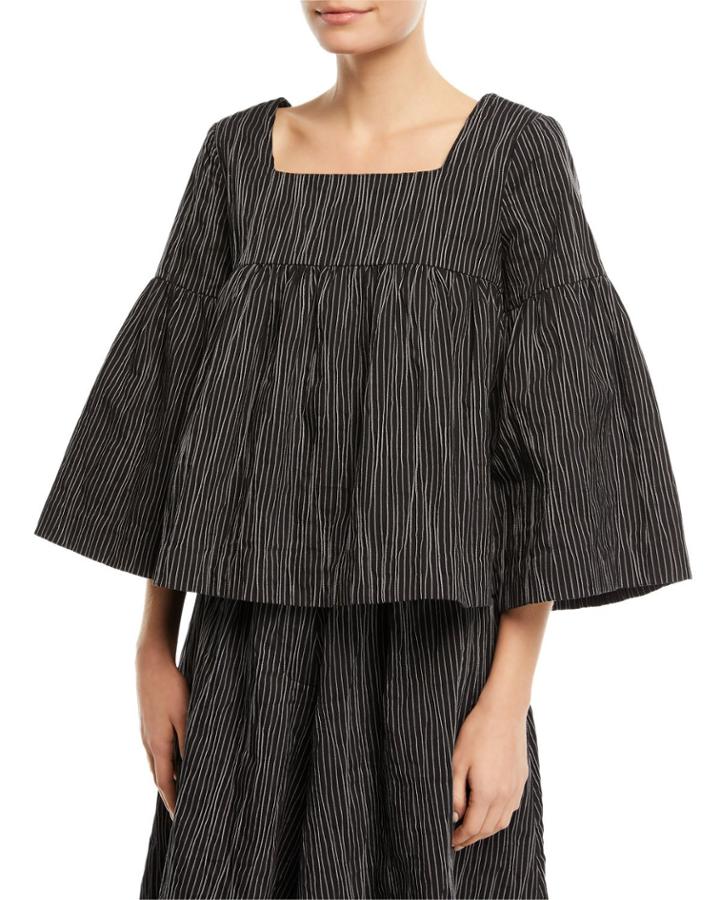 Square-neck Striped Crinkle Cotton Trapeze Top