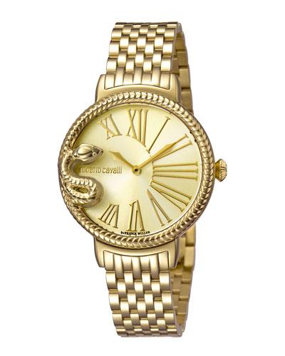 34mm Oversize Snake Watch W/ Bracelet, Golden/champagne