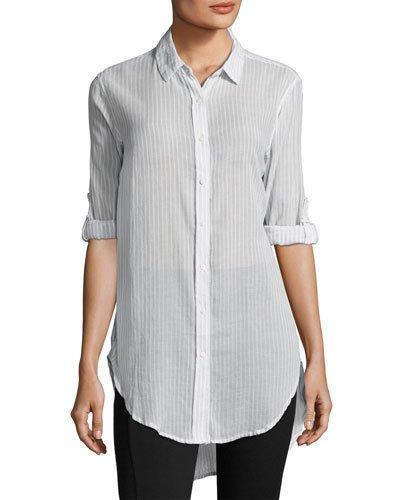 Striped Cotton Button-front Blouse, Blue/white