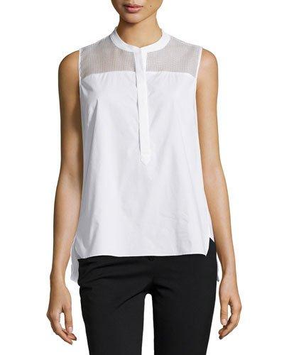 Sleeveless Mesh-yoke Blouse, White