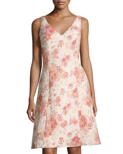 V-neck Brocade A-line Dress, Pink Pattern
