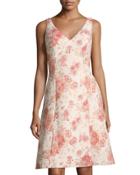 V-neck Brocade A-line Dress, Pink Pattern