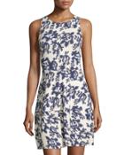 Sleeveless Floral-print Knit Dress, Dark Cobalt