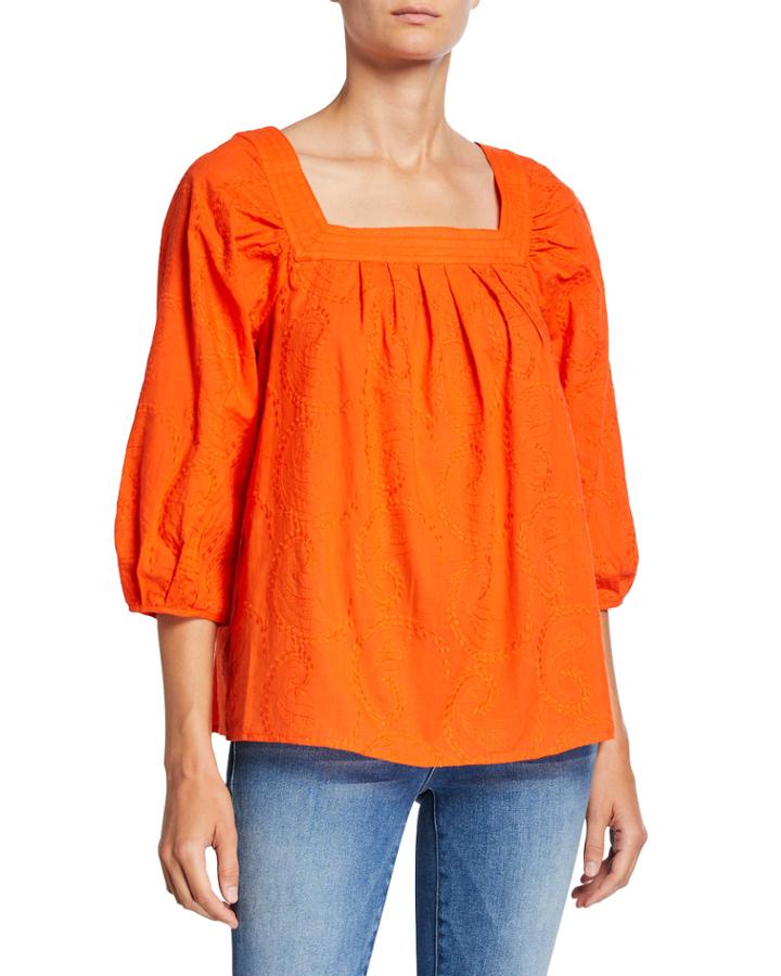 Paisley Voile Square-neck Top W/ Trapunto Detailing