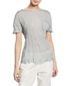 High-neck Short-sleeve Metallic Crepe Pocket Top