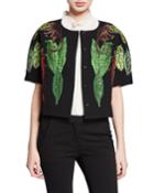 Jungle Motif Hook-eye Threadwork Wool Jacket