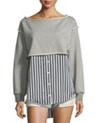 Boat-neck Long-sleeve Terry Stripe Combo Pullover