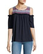 Cold-shoulder Ruffle-trim Top, Navy