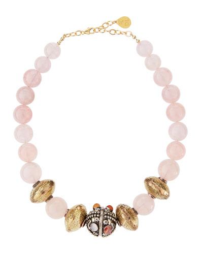 Rose Quartz & Textured Brass Bead Necklace