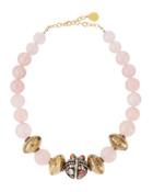 Rose Quartz & Textured Brass Bead Necklace