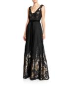 V-neck Sleeveless Metallic Fils Coupe Gown W/ Shoulder Detailing