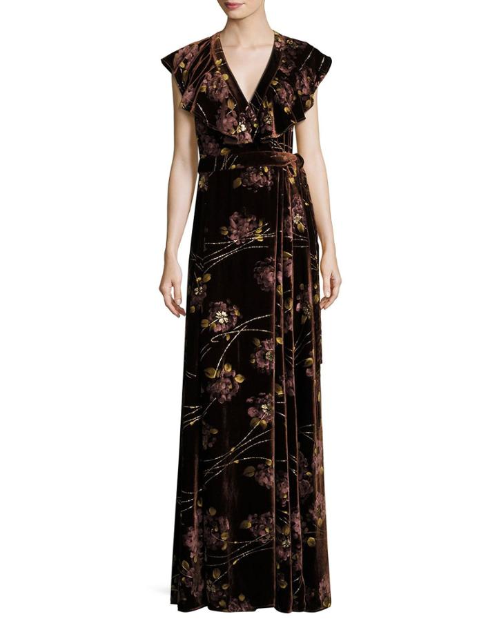 Floral Velvet Maxi Wrap Dress, Burnt