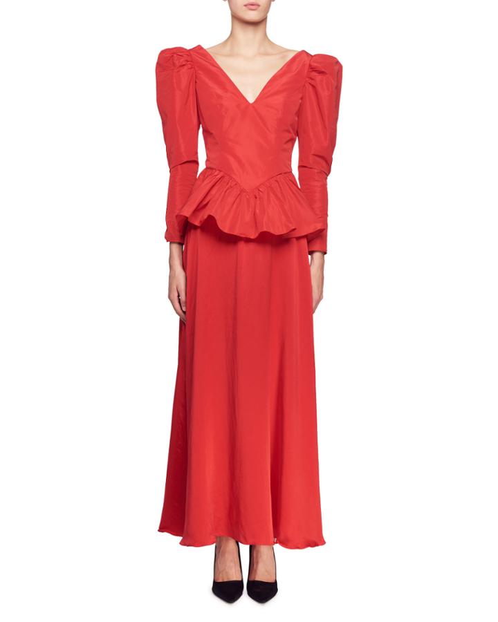 Nathaly Long-sleeve V-neck Peplum-waist Evening Gown