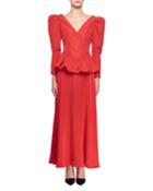 Nathaly Long-sleeve V-neck Peplum-waist Evening Gown