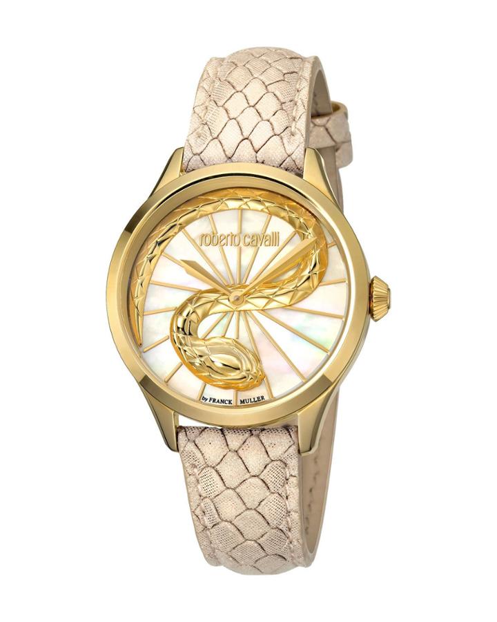 34mm 3d Snake Watch W/ Leather Strap, Beige/gold