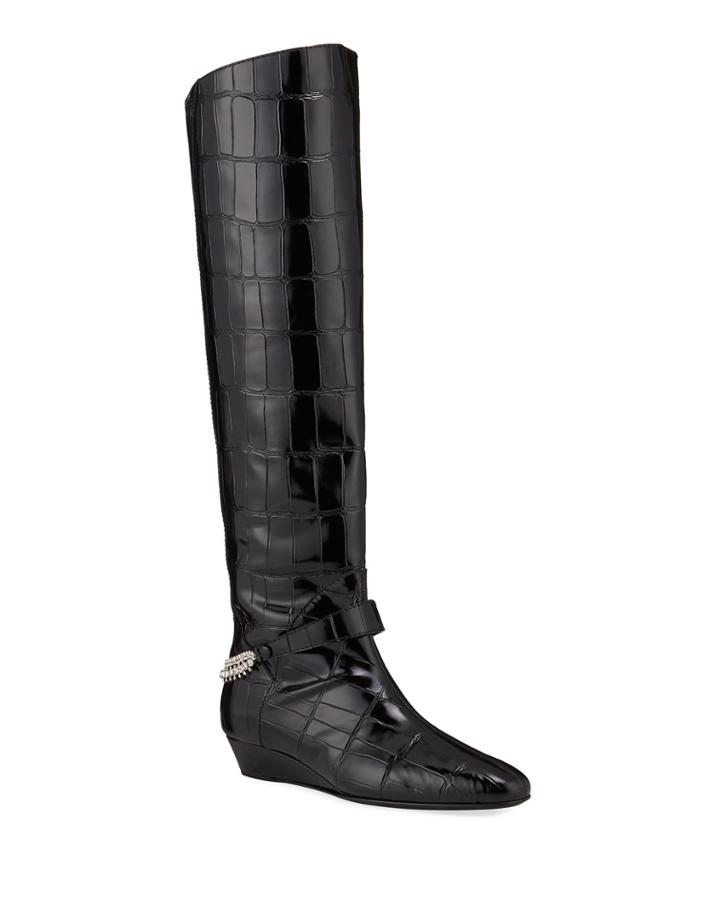 Leather Moc Croc Knee Boots