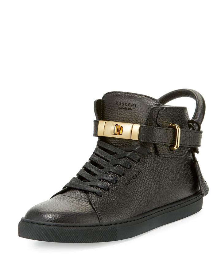 Men's 100mm High-top Leather Sneakers With Padlock, Black