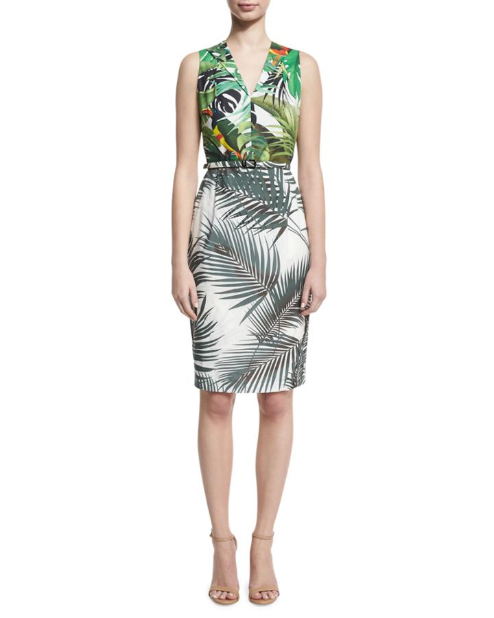 Sleeveless Mixed Palm-print Dress, White