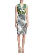 Sleeveless Mixed Palm-print Dress, White