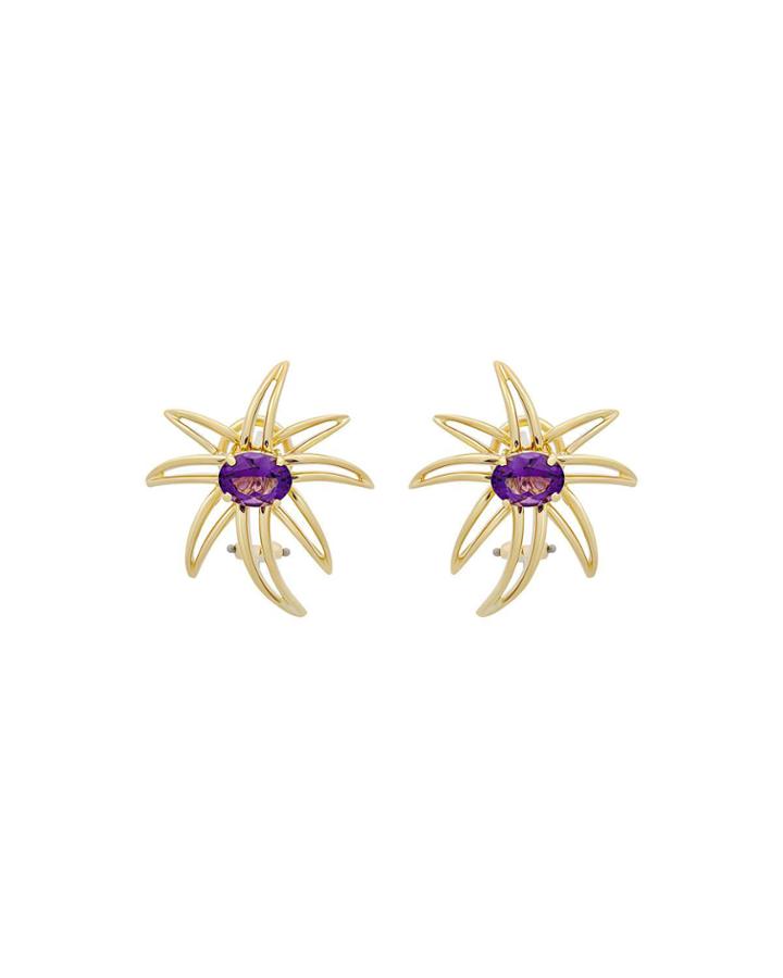 Estate 18k Yellow Gold Amethyst Flower Earrings
