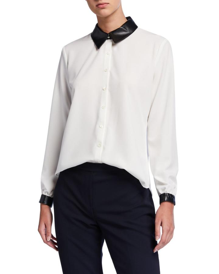 Faux-leather Cuffed Crepe Blouse