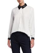 Faux-leather Cuffed Crepe Blouse