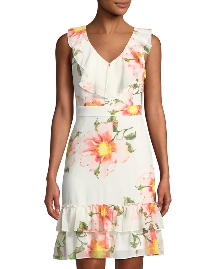 Ruffle-front Floral Chiffon Dress