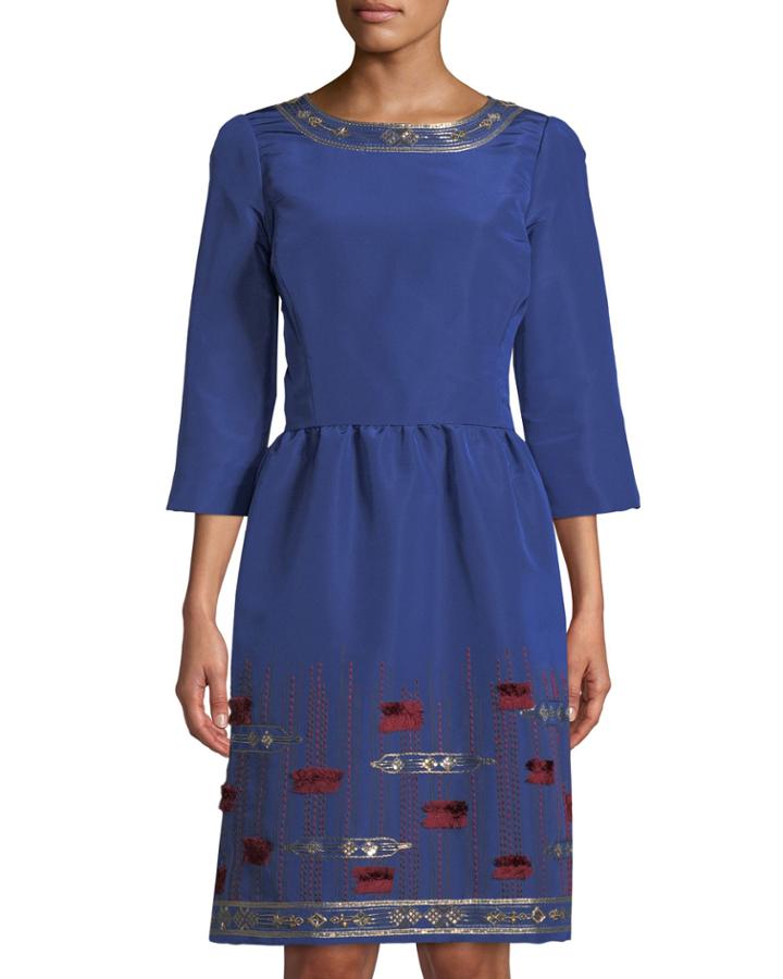 3/4-sleeve Bullion-stitched Dress