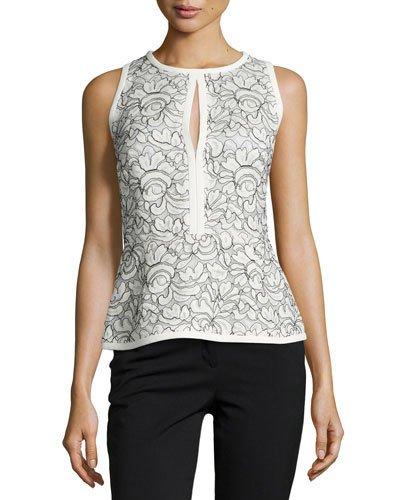 Sleeveless Keyhole Lace Peplum Top, Ivoire