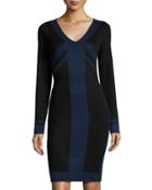 Colorblock Long-sleeve Sweaterdress, Black/blue