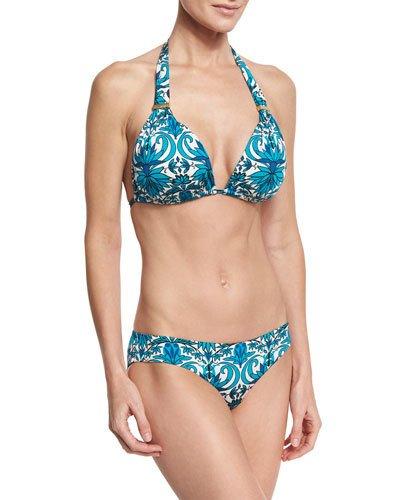 Azteca Marlow Floral-print Halter Swim Top, Blue Pattern