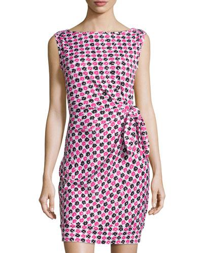 New Della Gathered Sleeveless Dress, Check Dot Pink
