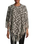 Fringe-trim Knit Poncho, Beige/black