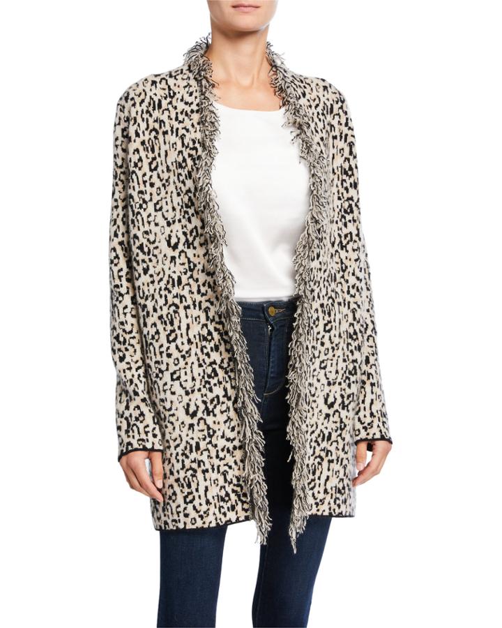 Leopard-print Open-front Fringe Cardigan