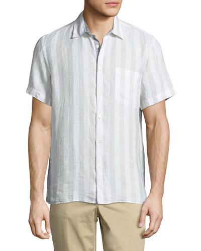 Short-sleeve Stripe-print Linen Shirt, Tan/white