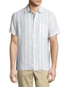 Short-sleeve Stripe-print Linen Shirt, Tan/white