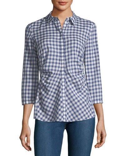 Leigh 3/4-sleeve Ruched Gingham Blouse