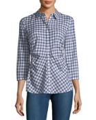 Leigh 3/4-sleeve Ruched Gingham Blouse