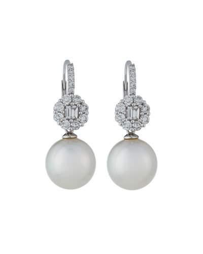 18k Floral Diamond & White South Sea Pearl Drop Earrings
