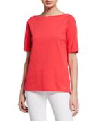 Short-sleeve Boat-neck Stretch-cotton Top