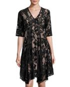 Lace Asymmetric-hem Dress, Black/pink