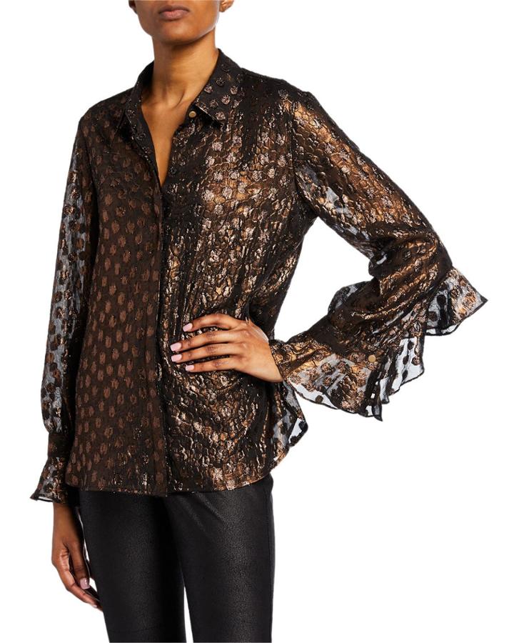 Metallic Jacquard Ruffle Blouse