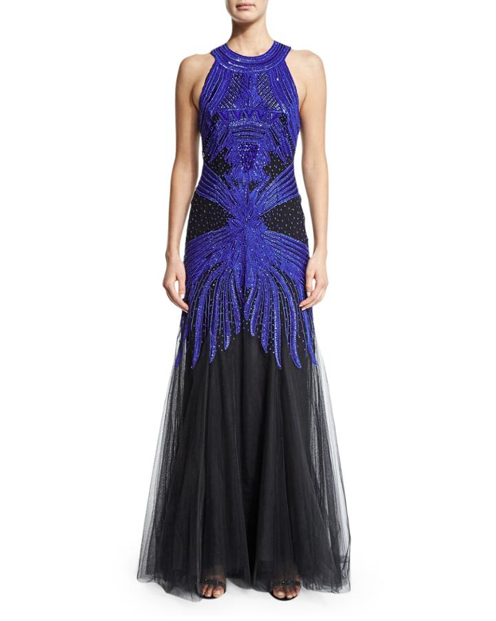Sleeveless Embroidered Racerback Gown, Cobalt/black